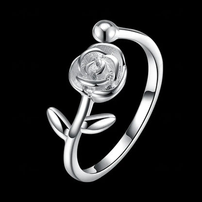 Anillo Rosa Abierto Para Ella Plateado Lujoso Duradero