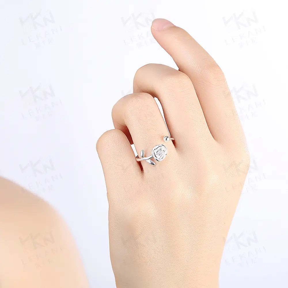 Anillo Rosa Abierto Para Ella Plateado Lujoso Duradero