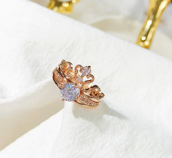 Anillo Corona Lujo Oro Blanco y Rosa Para Ella Dama